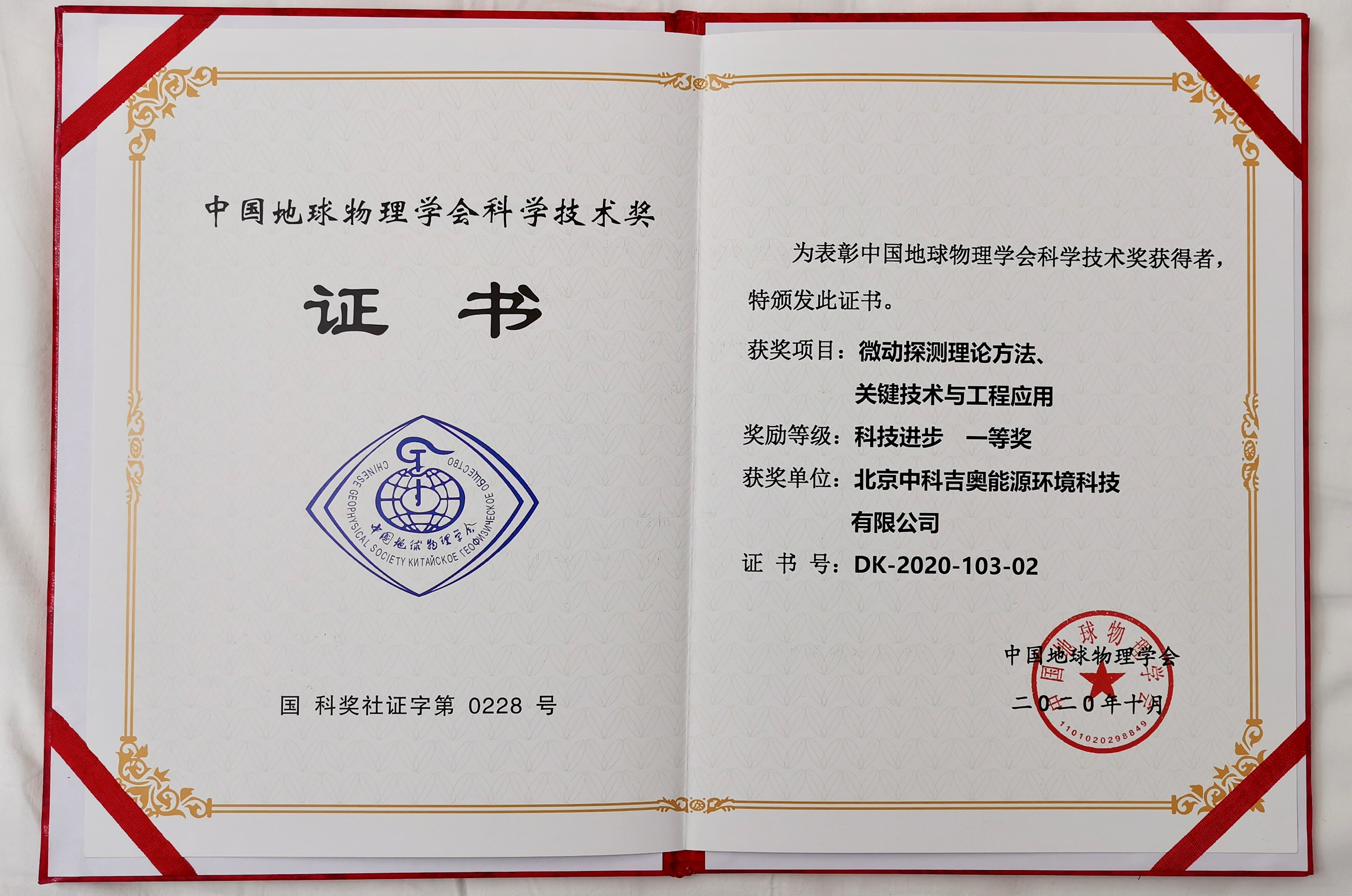 中国地球物理学会科技进步一等奖